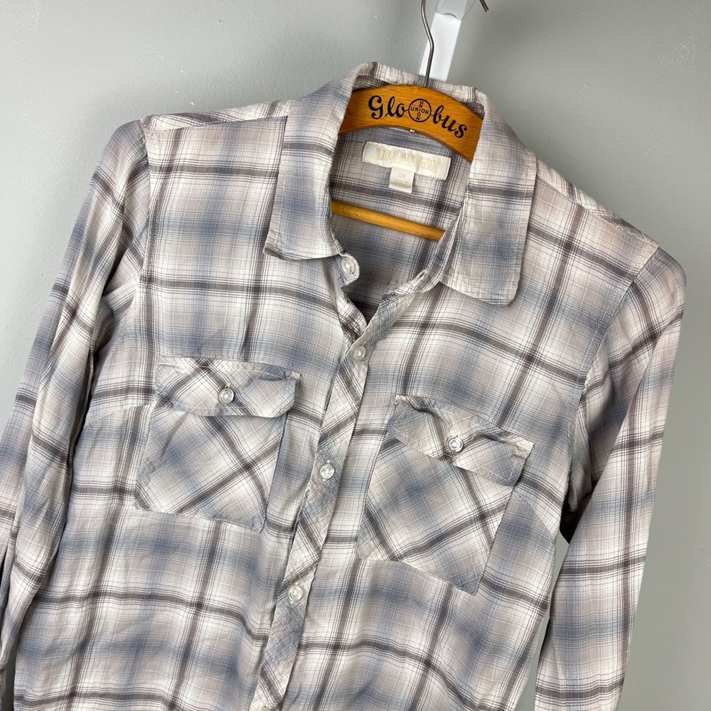 True Religion Plaid Shirt Top Womens S Muted Dusty Purple Gray Western